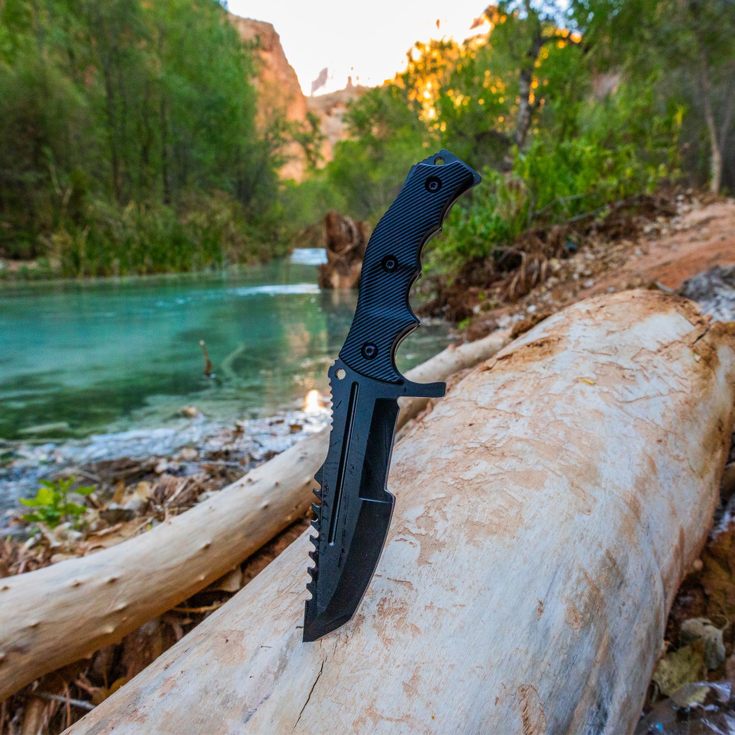 beautiful view of river with huntsman knife stuck in tree