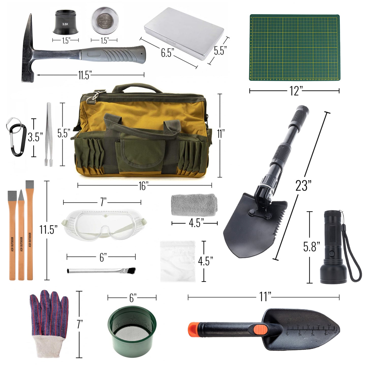 everything in a geology tool kit for rock hounding or digging