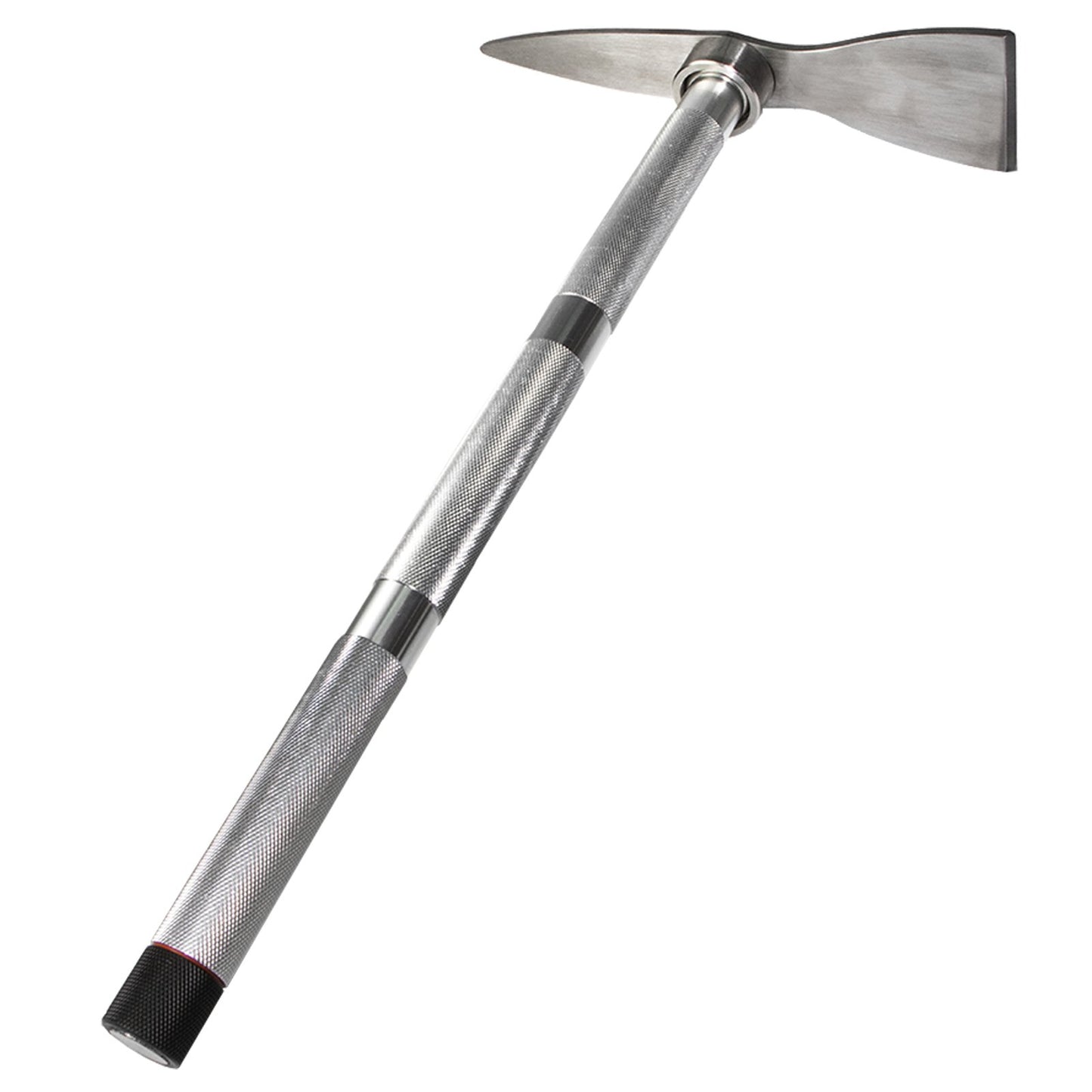A silver collapsible magnetic prospectors pick axe with a knurled aluminum handle, stainless steel head, and black grip sleeve, displayed in its entirety with a focus on the head.