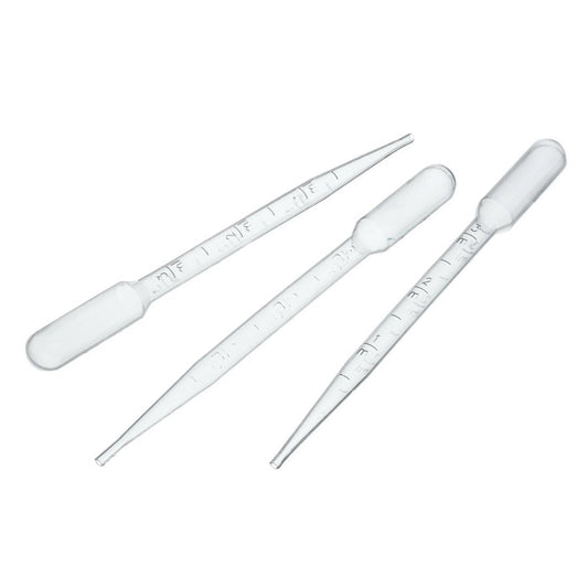 Three clear, 3mL precision plastic dropper pipettes, approximately 5.5 inches in length, with visible graduation markers.