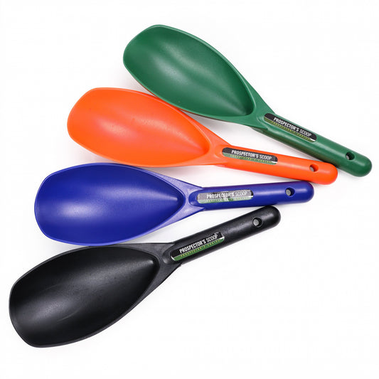 prospecting sand scooper made of heavy duty plastic and compatible with gravel, sand, and dirt