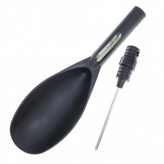A black plastic gold panning shovel with a built-in steel probe handle and a detachable metal part.