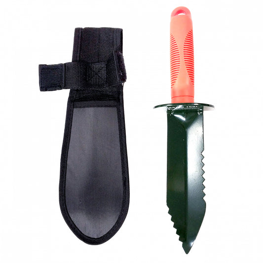 A 13 inch serrated edge digger with a black nylon sheath and a bright orange ergonomic handle.