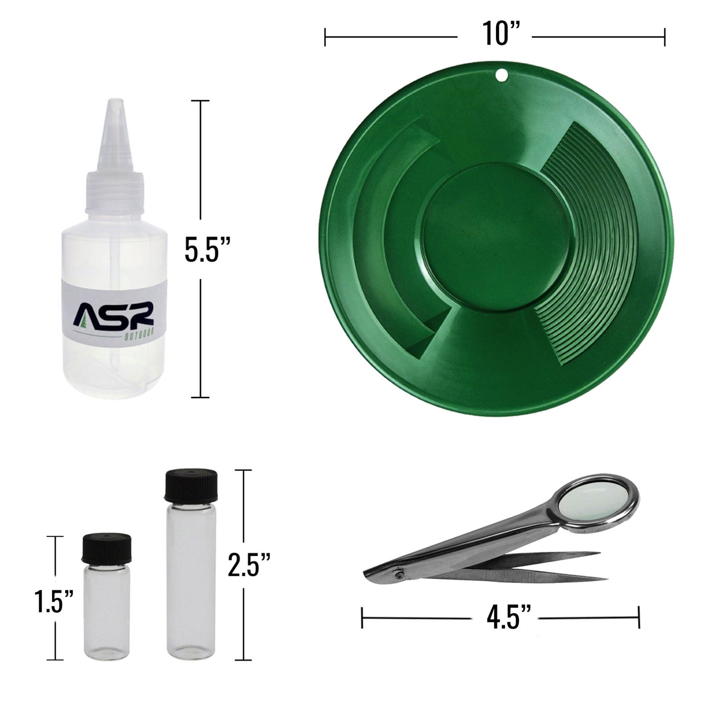 5pc beginner kit with gold pan, glass vials, snifter bottle, and magnifying tweezers