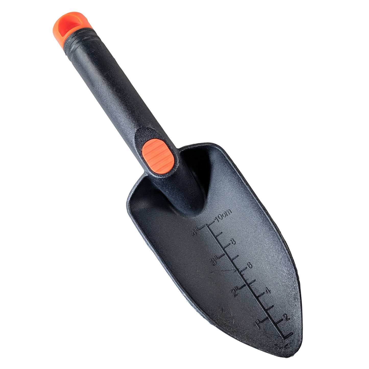 A black metal detecting hand trowel with a rubber thumb grip and depth markers embossed on the face.