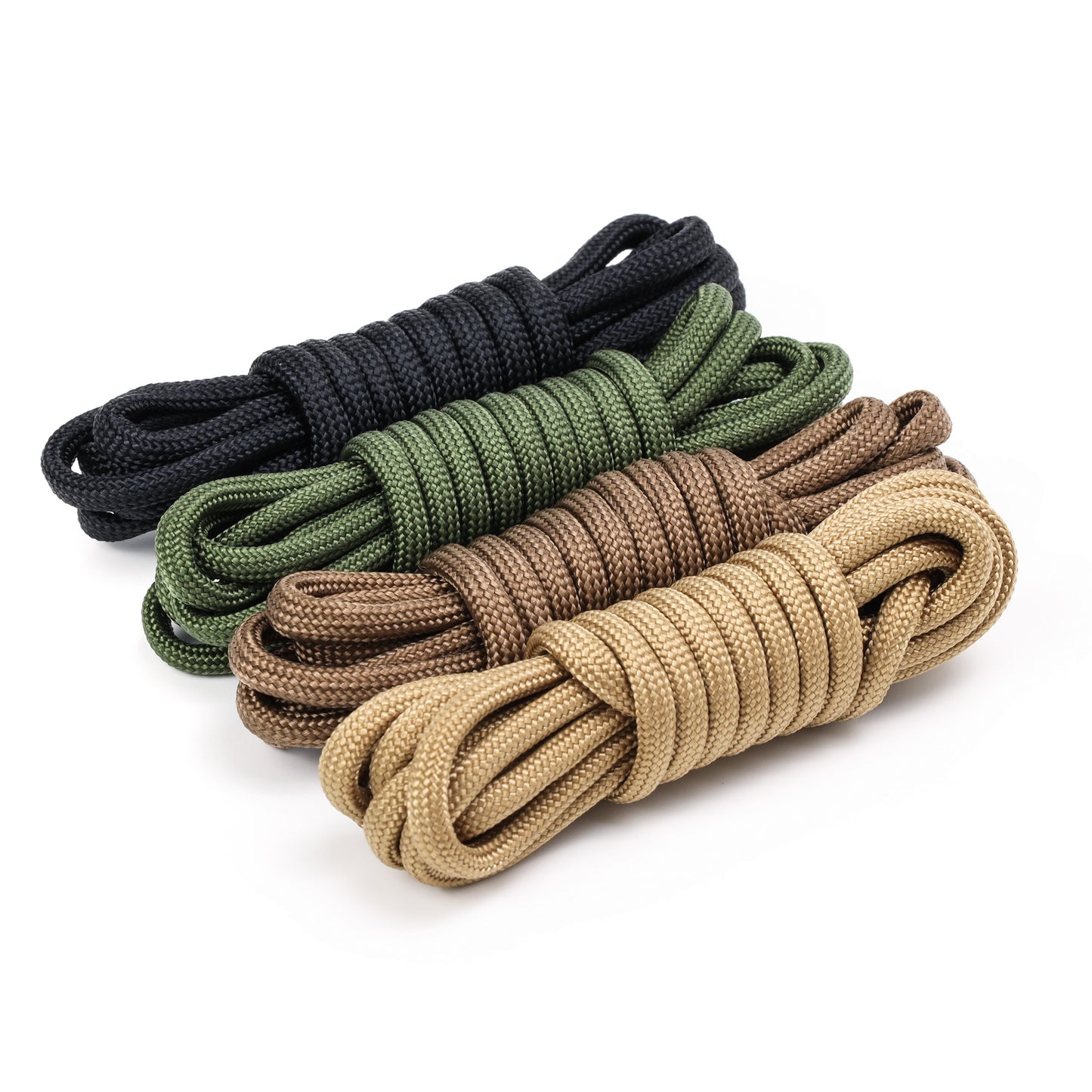 Four loops of paracord in black, green, brown, and beige on a white background