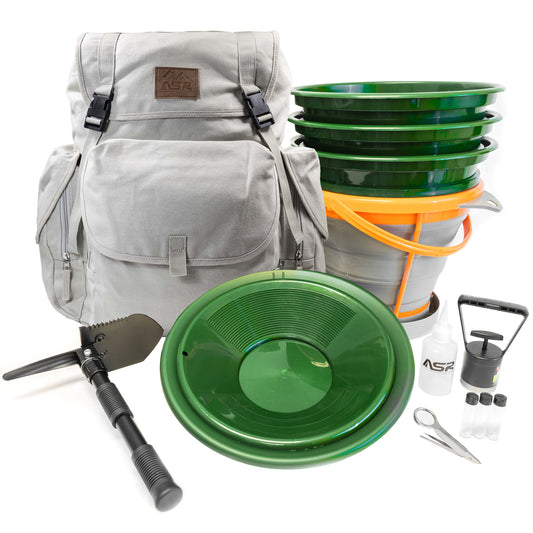 Backpack with prospecting bucket, classifiers and gold panning tools on a white background