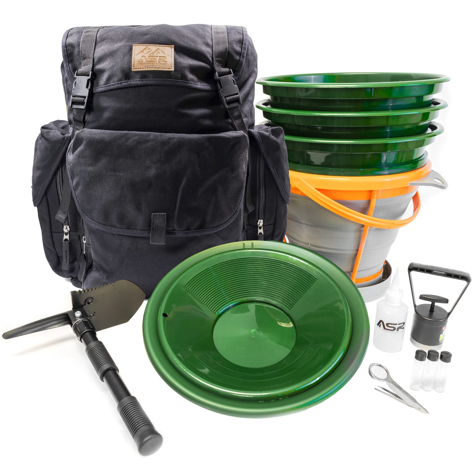 Black backpack with green panning screens, buckets, and other tools on a white background