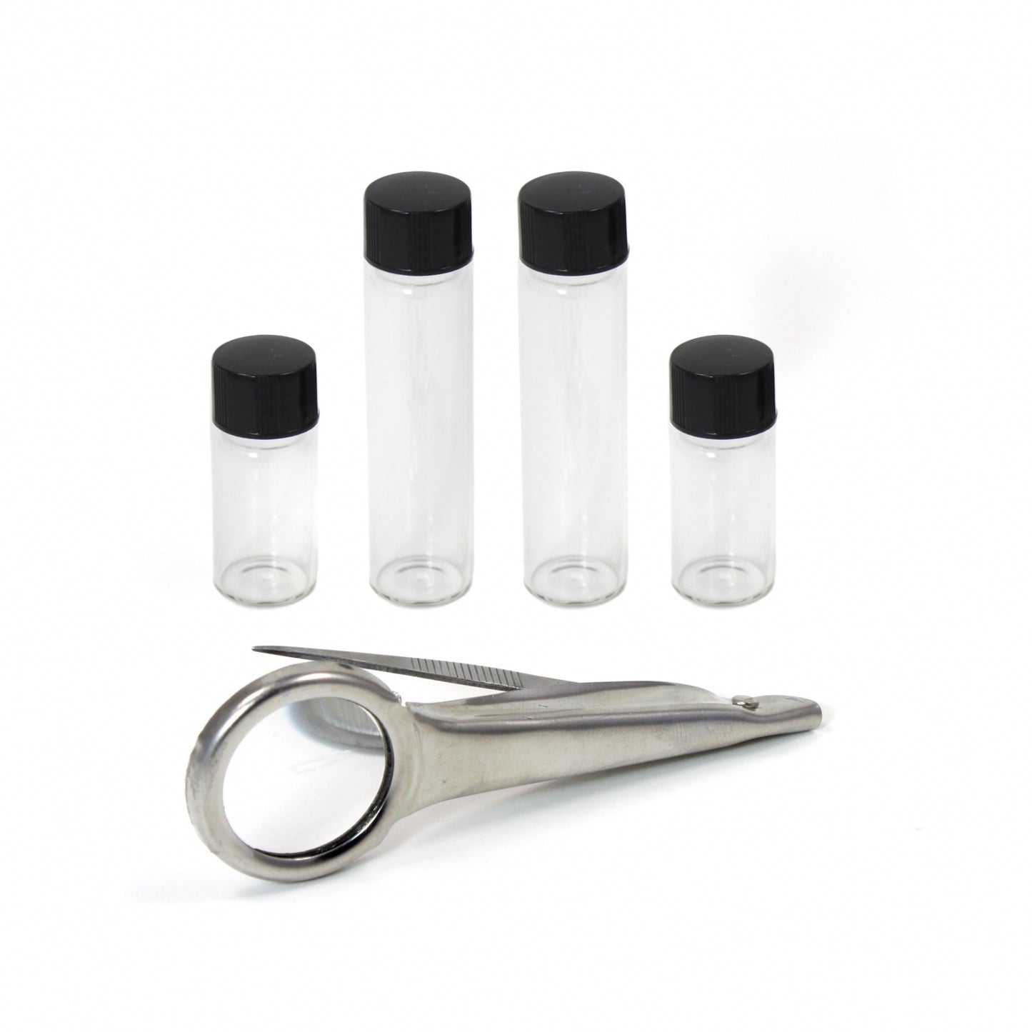 A set of gold panning accessories including a pair of magnifying tweezers and four glass collection vials with screw tops.