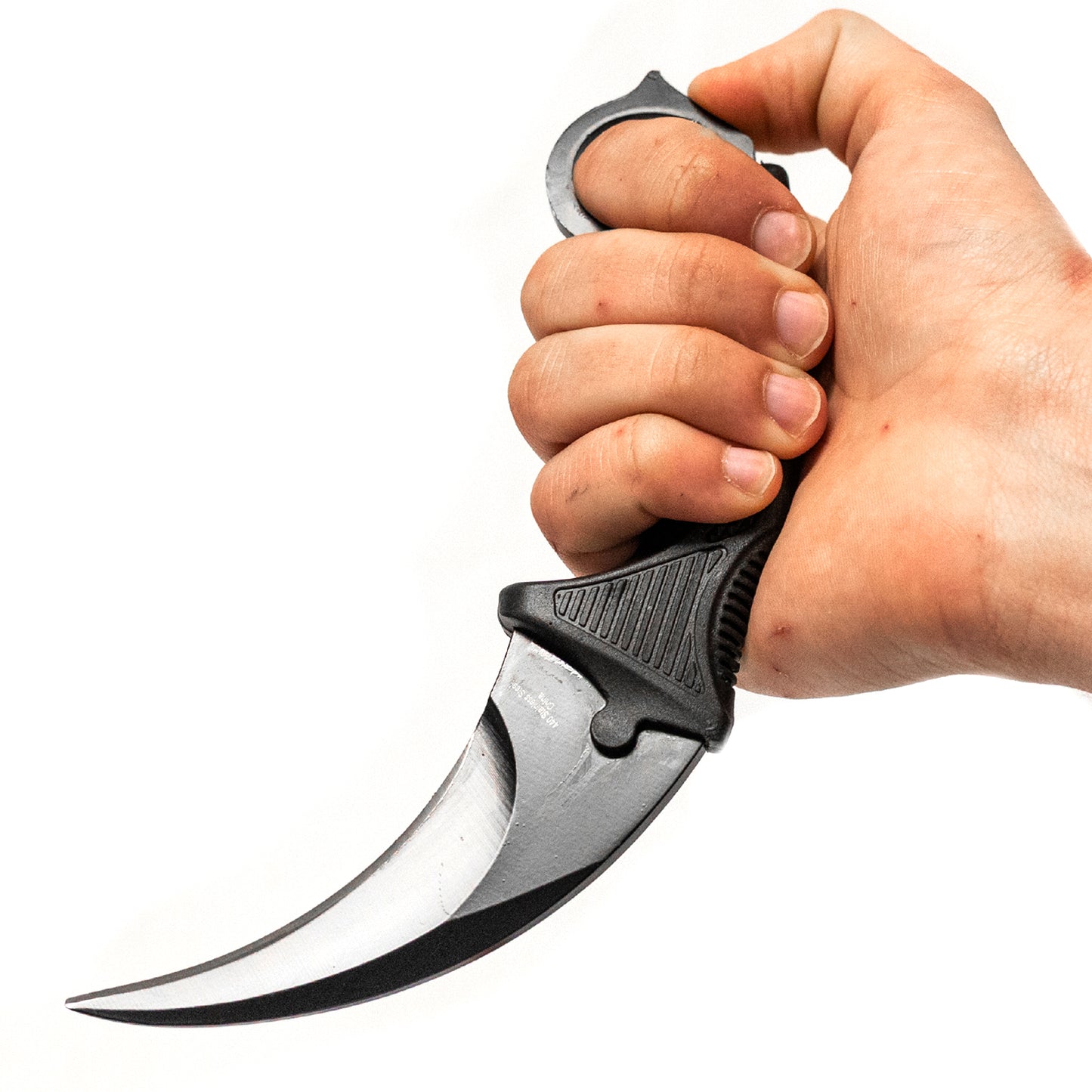All black karambit curved blade knife handle made to fit hand