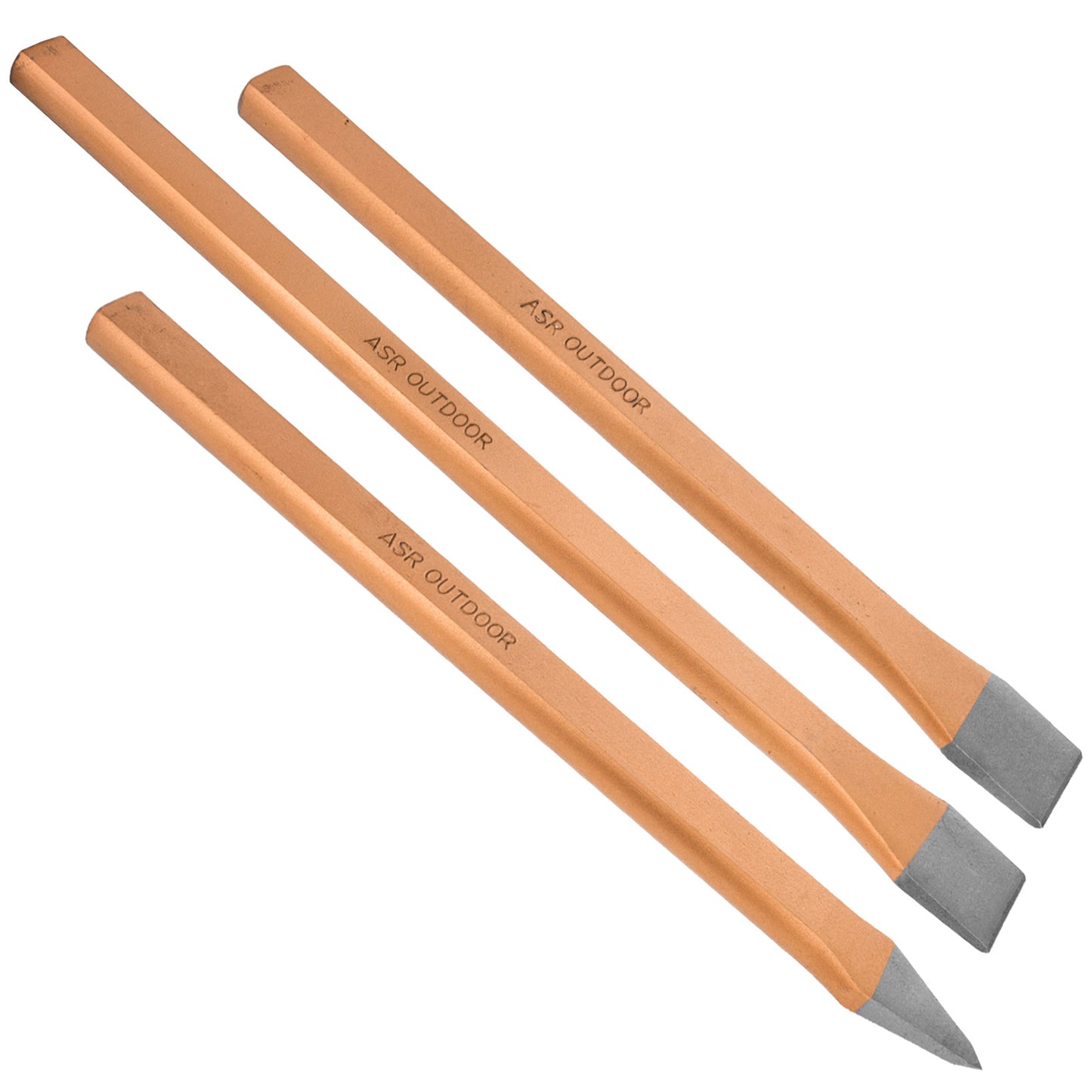 Three different sized chisels with beige handles and steel heads, labeled with 'ASR Outdoor'.