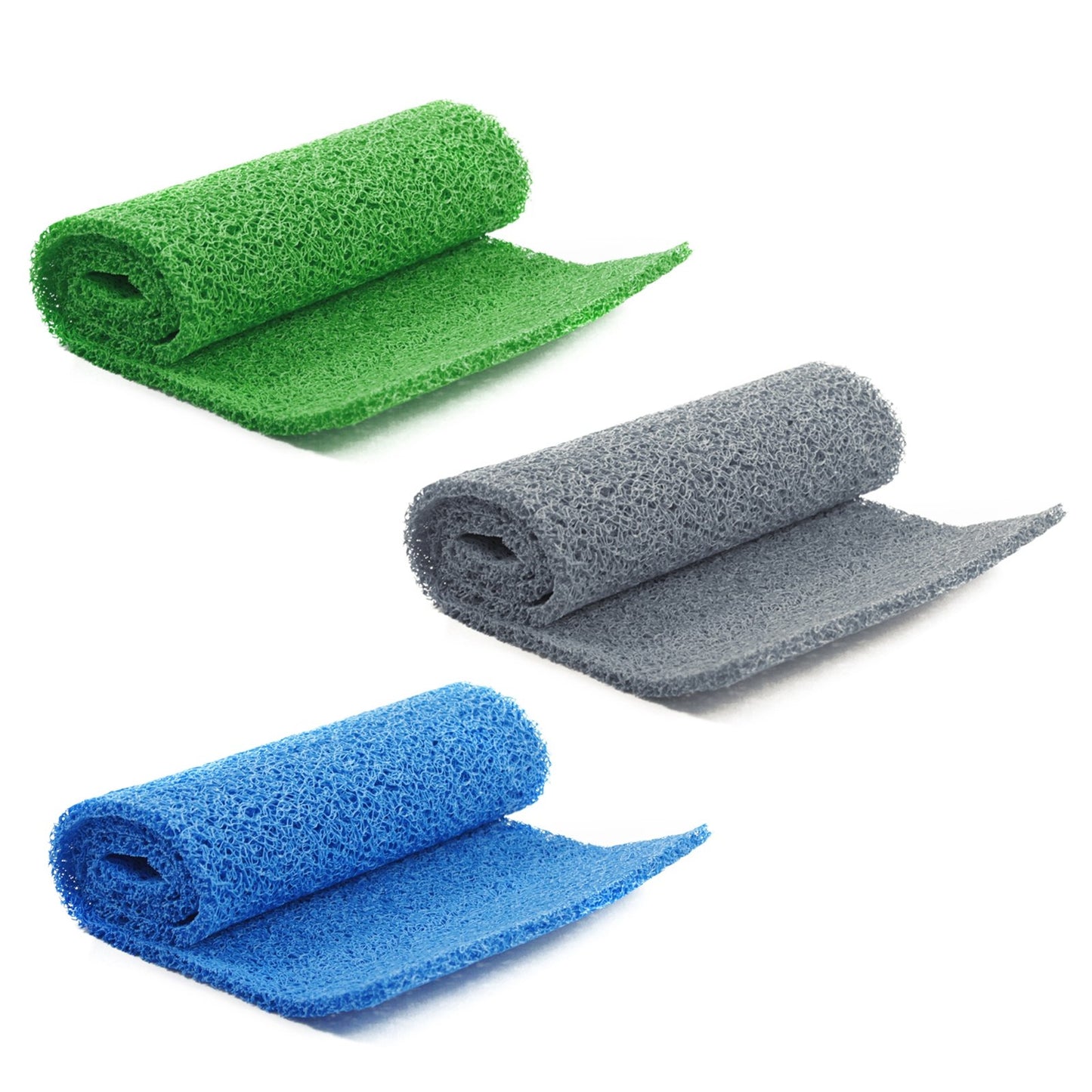 Rolls of Miners Moss Sluice Box Matting in green, gray, and blue colors, typically used for gold prospecting.