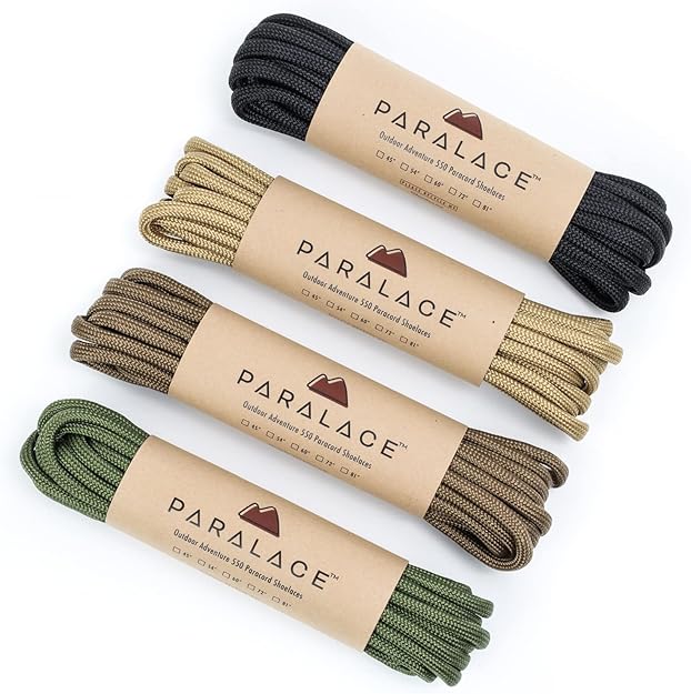 Set of Paralace boot laces in black, beige, and green on a white background