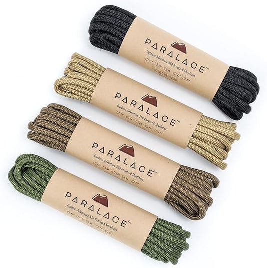 Set of Paralace boot laces in black, beige, and green on a white background