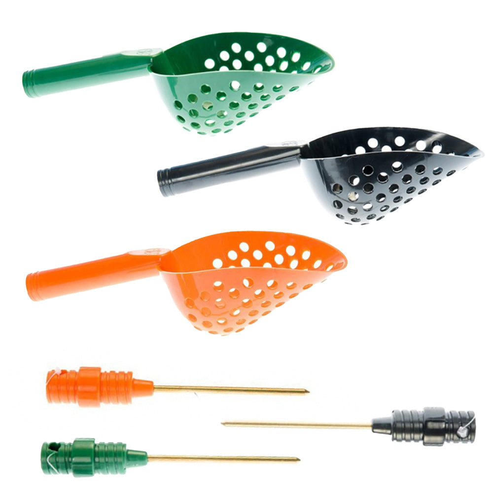 Set of pet sifting tools including a green scoop, black scoop, orange scoop, and two metal magnets on a white background.