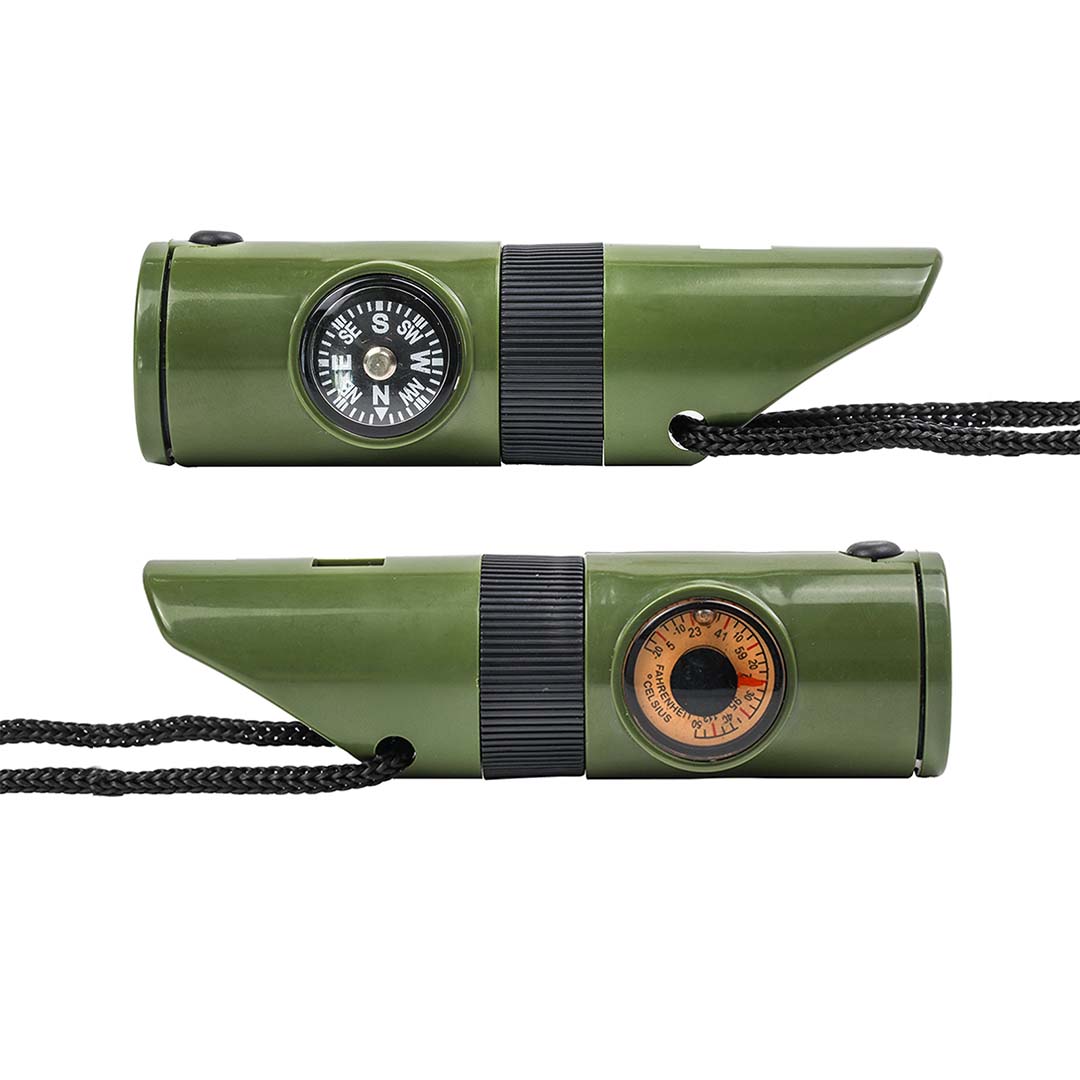 7 in 1 survival necklace whistle, flashlight, mirror, storage compartment, compass