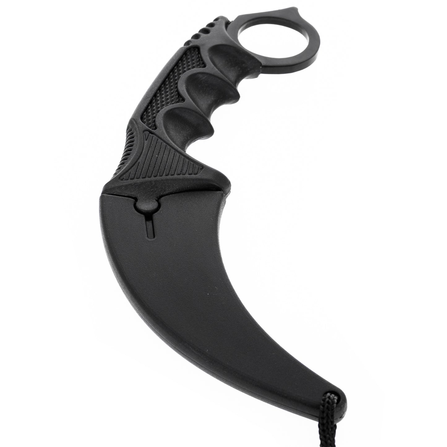 All black karambit curved blade knife handle made to fit hand