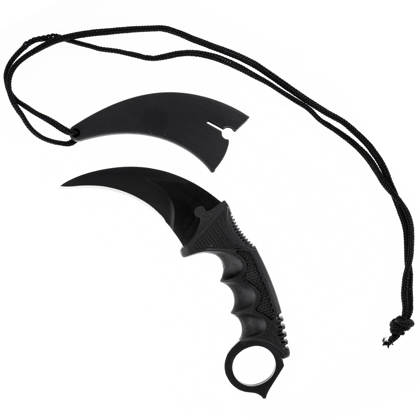 All black karambit curved blade knife handle made to fit hand