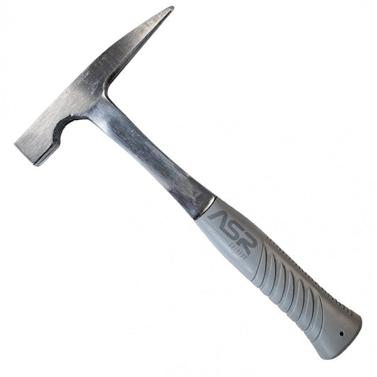 A silver-colored dual sided geology rock pick hammer with a pointed tip and rubberized grip handle, isolated on a white background.