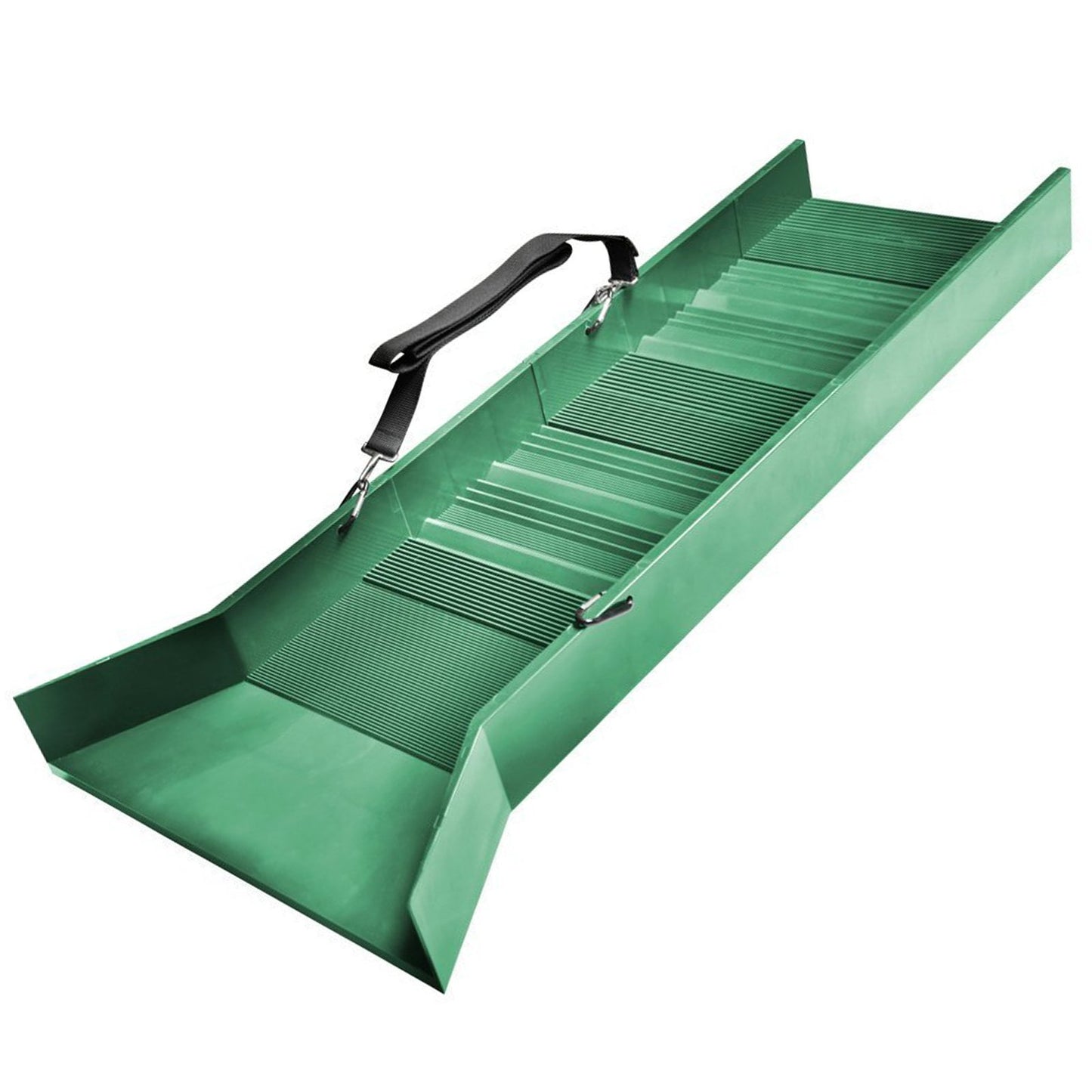 A 32-inch four riffle plastic sluice box for gold prospecting, colored in green with a black shoulder strap.