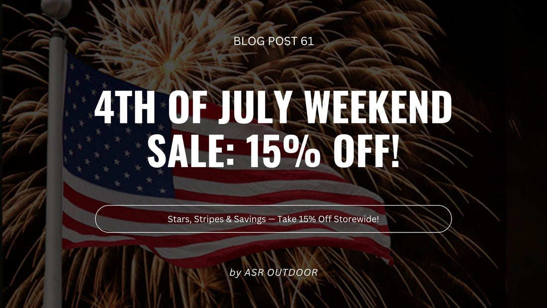 Image with fireworks and white text reading text Fourth of July long weekend sale offering 15% off storewide