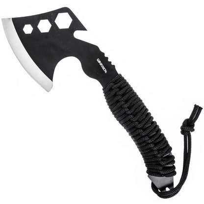 12-inch black full-tang steel axe hatchet with a gut hook and paracord handle, with sheath.