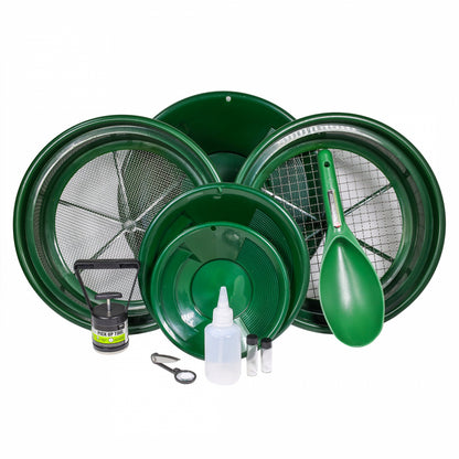 11-piece gold panning kit with classifier screens, dual riffle pans, a magnetic separator, and tools.