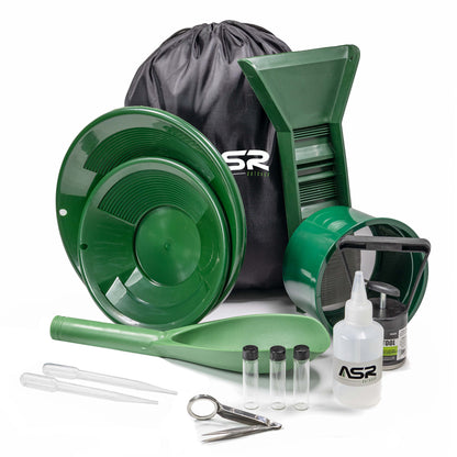 14-piece backpack gold panning kit with a 12-inch mini sluice box, dual riffle pans, and recovery tools.