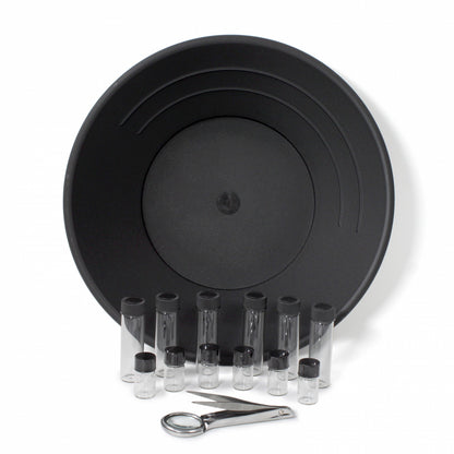 14-piece beginner finishing gold panning kit with a black single-riffle gold pan, vials, and tweezers.