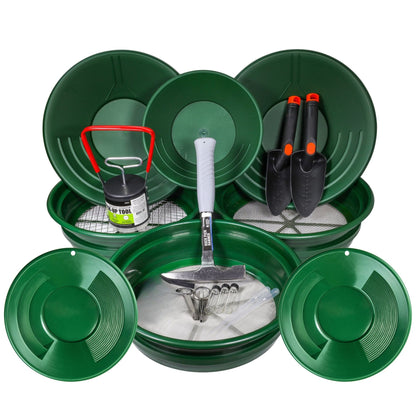 19-piece gold panning kit with classifier screens, gold pans, a rock pick, and storage vials.