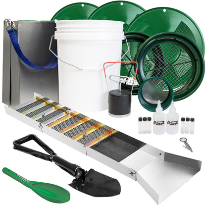 20-piece gold panning kit with a 50-inch folding sluice box and a 5-gallon bucket.