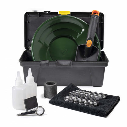 21-piece testing and finishing gold panning kit with a dual riffle pan and tools in a tool box.