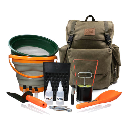 Backpack with camping gear including a bucket, tools, and bottles on a white background