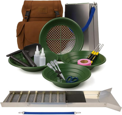 24-piece deluxe gold panning kit with a 50-inch folding aluminum sluice box and 30L backpack (view 2).