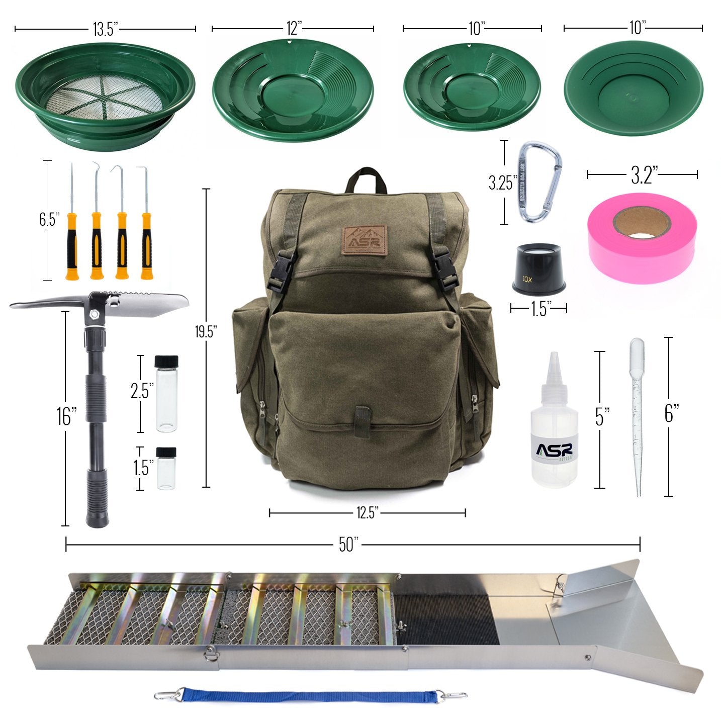 24pc Deluxe 50 Inch Aluminum Folding Sluice Box Gold Panning Kit with 30L Backpack