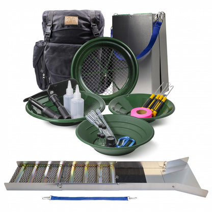 24-piece deluxe gold panning kit with a 50-inch folding aluminum sluice box, gold pans, and a 30L canvas backpack.