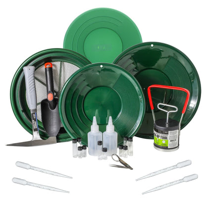 22-piece finishing gold panning kit with a rock pick hammer, gold pan, and recovery tools, in green.