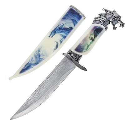 Wildlife collector hunting knife with a decorative scabbard, sleeve, and animal head handle (view 13).