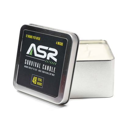 48-hour 4-wick survival candle in a portable tin for emergency light.