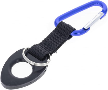 Slip-on water bottle holder with an aluminum carabiner and nylon strap.