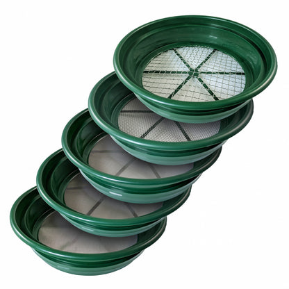 Stackable 5-gallon bucket classifier screens with stainless steel mesh for sifting gold paydirt.