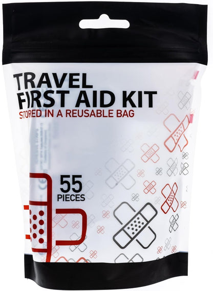 55-piece compact travel first aid kit with bandages and wipes in a resealable bag.