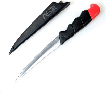 Fishing fillet knife with a 6-inch blade, floating handle, and black sheath.