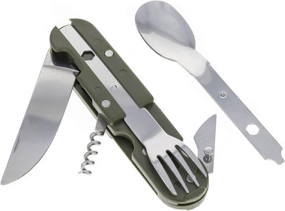 6-in-1 camping kitchen multi-tool with a knife, fork, spoon, and bottle opener in a case.