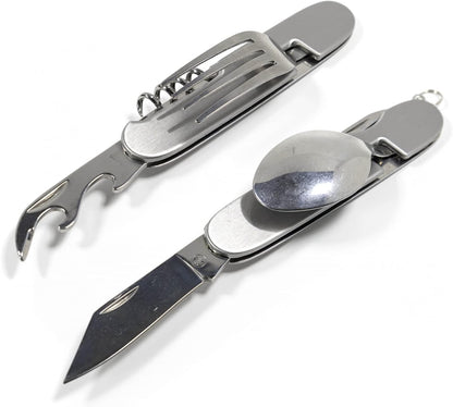 7-function pocket camping utensil with a fork, spoon, knife, and openers in a case.