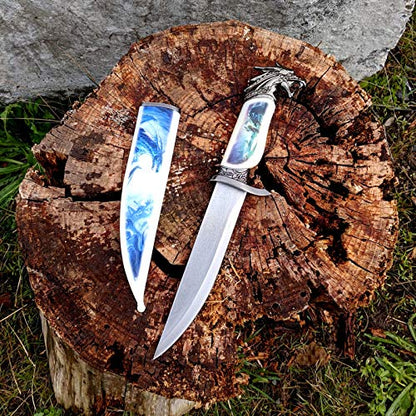 Wildlife collector hunting knife with a decorative scabbard, sleeve, and animal head handle (view 3).