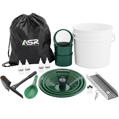 20-piece gold panning kit with a 12-inch rubber pocket sluice box and a 3.5-gallon bucket.