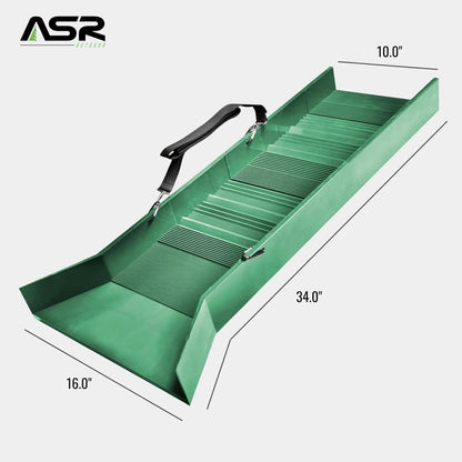 Green plastic multi-riffle sluice box for gold prospecting (view 1).