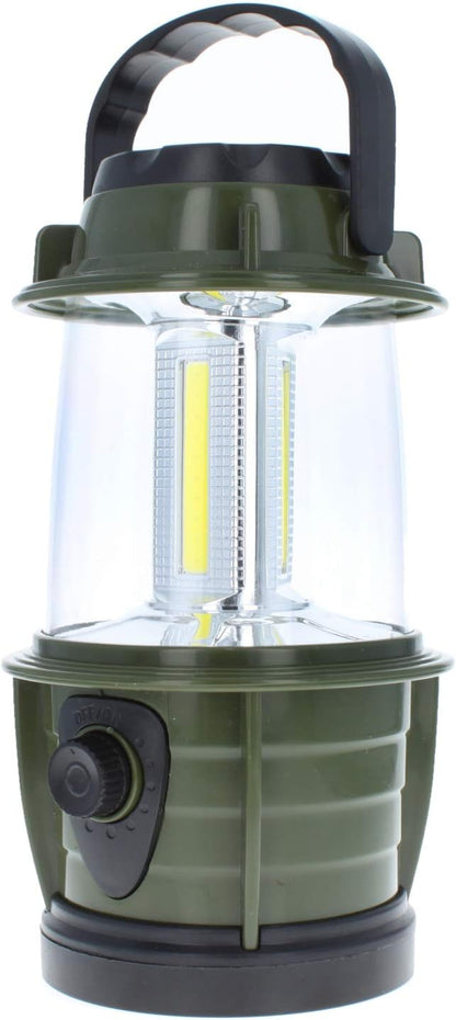 Battery-operated LED hanging camping lantern for tents and tabletops.