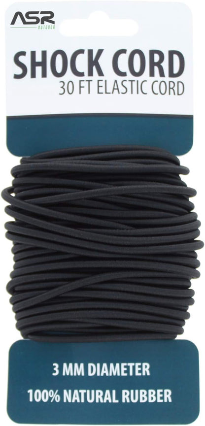 30-foot black natural rubber elastic shock cord, 3mm diameter, for tie-downs.
